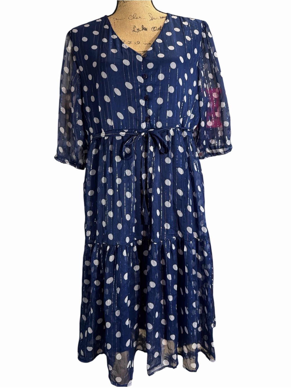 Mlle Gabrielle Navy and White Polka Dot Tiered Midi Dress EC size X-Large